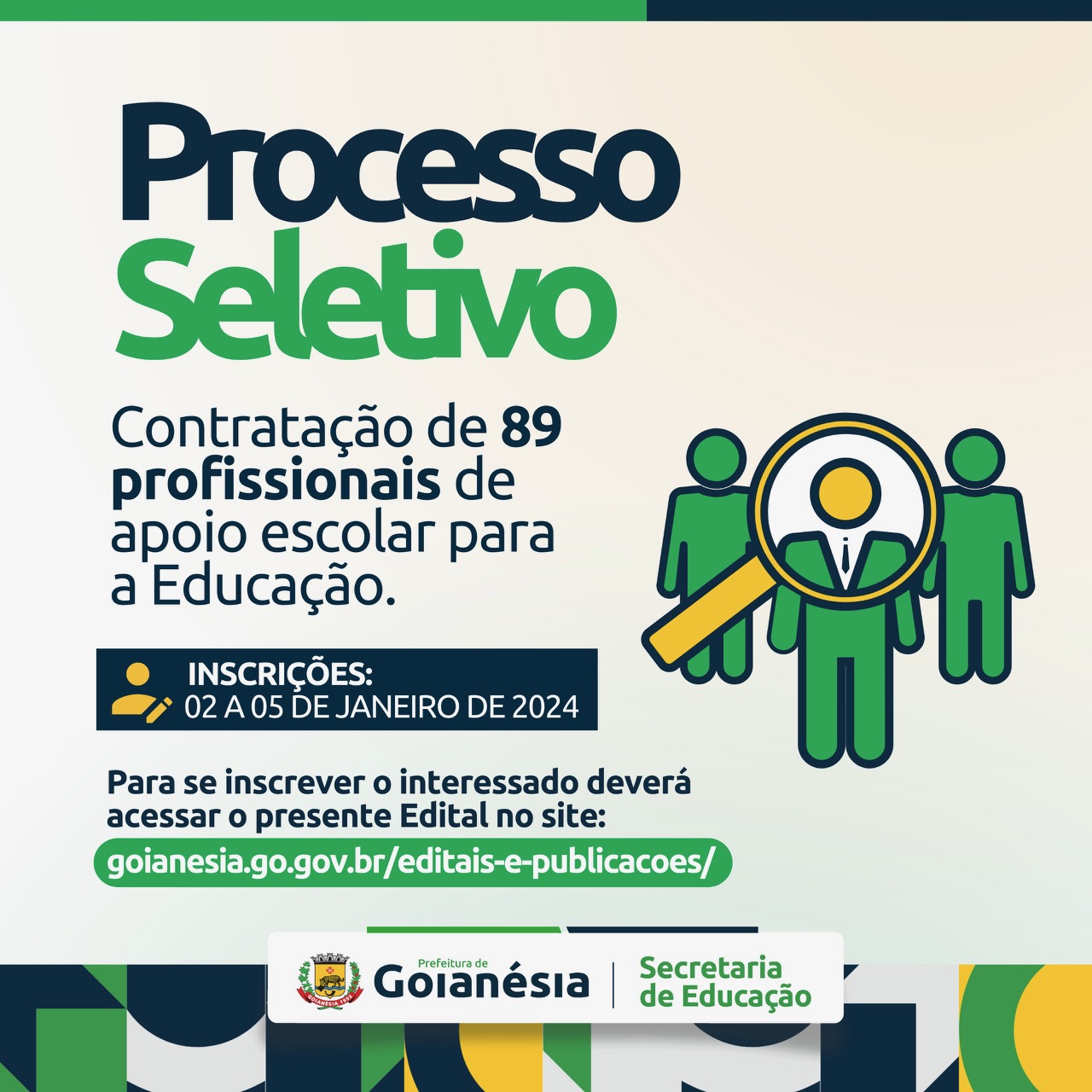 Prefeitura de Goianésia divulga processo seletivo para contratação de 89 profissionais de apoio escolar para a Educação