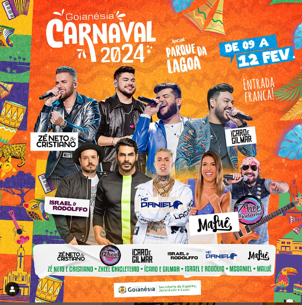 Carnaval Goianésia 2024: Sai Manú Batidão, entra Zheel Chicleteiro, Maluê e Ícaro & Gilmar. 