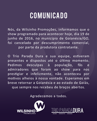 Show do Trio Parada Dura é cancelado devido a “descumprimento comercial”